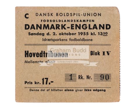 Denmark v England international football ticket 2nd October 1955,Played at Idraetsparken, Copenhagen