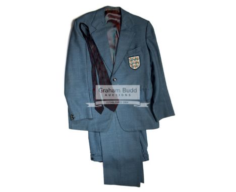 Joe Mercer's England manager's suit 1974,light-blue wool 2-piece suit by Gino of Coventry, three lions badge to breast pocket