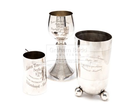 A trio of silver trophies presented at the Lawn Tennis Championships at the Uhlenhorst Club, Hamburg, in 1893,hallmarked .800