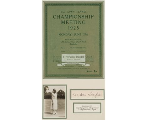 Suzanne Lenglen signed 1925 Wimbledon framed display,comprising an ink signature mounted together with a 1925 Lawn Tennis Cha