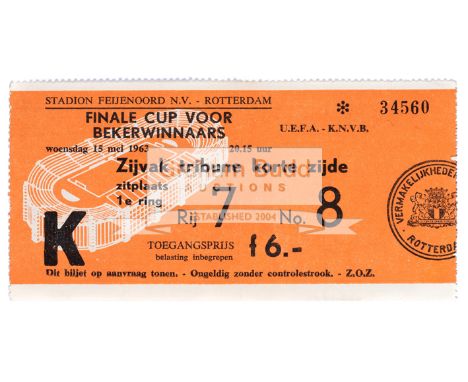 Ticket for the Tottenham Hotspur v Atletico Madrid European Cup Winners' Cup Final played in Rotterdam 15th May 1963,vertical