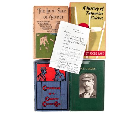 A collection of 15 cricket books,including Jerks In From Short Leg; A History of Tasmanian Cricket; J M Barrie's Allahakbarri
