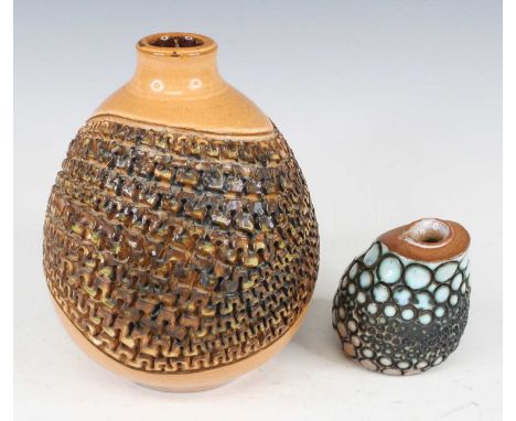 Guy Sydenham (1916-2005) for Poole Pottery - a studio pottery squat vase, ochre coloured underglaze decorated, with trailing 