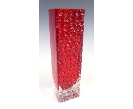 Geoffrey Baxter (1922-1995) for Whitefriars - a moulded ruby glass Nailhead vase, of square form with opposing decoration, h.