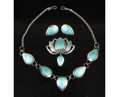 Rachel Gogerly - a contemporary silver and enamel inset garniture, comprising; necklace with five pear shaped links, on furth