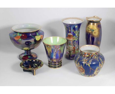 A collection of Art Deco Carltonware blue ceramic lustreware, various shapes and patterns, largest h.21cm (6)Each with genera