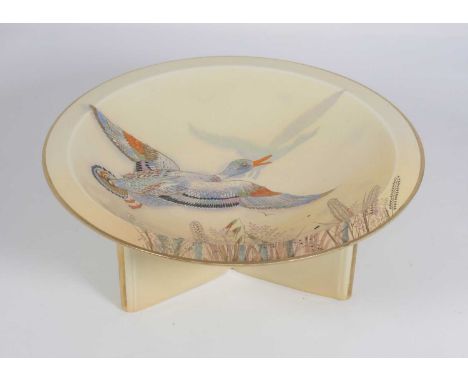 An Art Deco Carltonware ceramic dish, decorated with a mallard, dia.23.5cmFree from cracks.Very small chip to rim. Re-gilded.