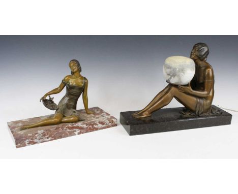 An Art Deco patinated spelter figural lamp, having an alabaster removable shade, modelled as a semi-nude seated woman raised 