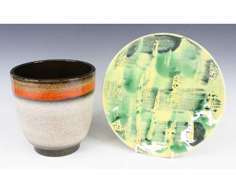 A Poole Pottery studio footed jardiniere, with raised orange flambé upper border, printed marks and numbered '180' verso, h.1