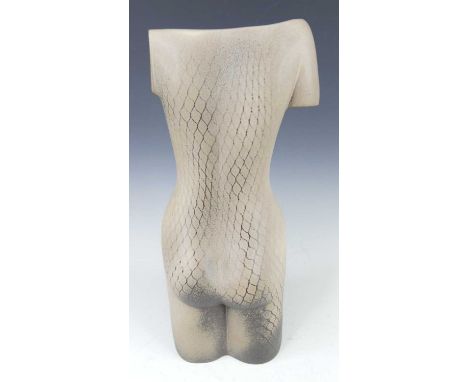 A contemporary Estonian ceramic vase modelled as a female nude torso, of stylised form, painted in tones of grey, incised art