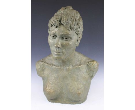 A large patinated plaster portrait nude bust group of a woman, naturalistically modelled, unsigned, h.59cm, w.41cm