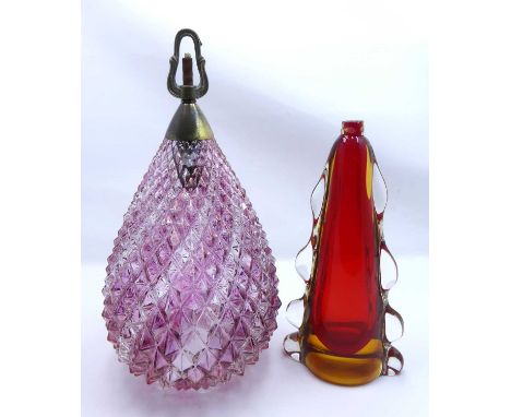 A moulded and pink tinted glass teardrop ceiling pendant, decorated with graduated lozenge design, with brass hanging hook, o
