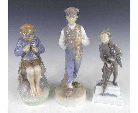 Three various Royal Copenhagen glazed porcelain figures, to include; Boy whittling a stick, No.905, h.18cm; Young man with ma