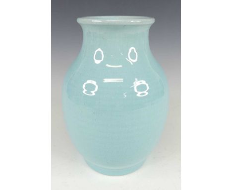 Edward Radford for Pilkingtons Royal Lancastrian - a 1930s pottery bulbous vase, of ribbed form, with pale blue monochrome fi