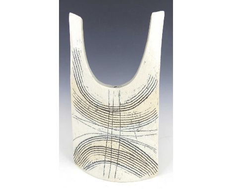 Peter Moss (b.1940) - a ceramic studio specimen vase, of U upper shape, opposing incised trailing stylised decoration, furthe