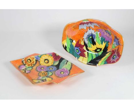 An Art Deco Carltonware 'Anemone' pattern ceramic dish, no.3694, w.21.5cm, together with another 'Hollyhocks' dish, no.3973, 