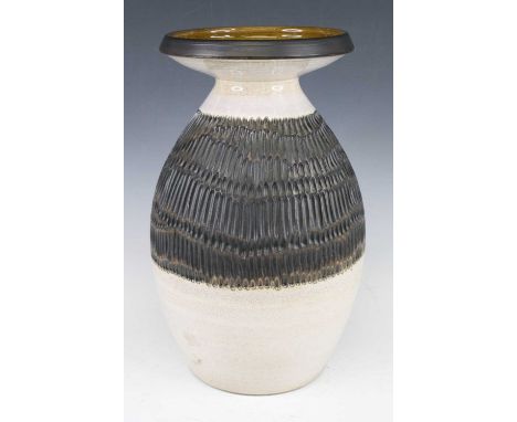 Guy Sydenham (1916-2005) for Poole Pottery - a large studio vase, partially pale glazed and incised centrally banded decorate