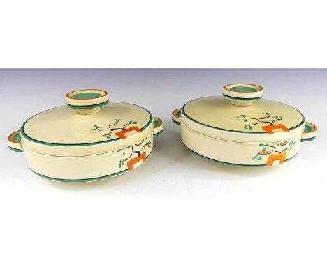 A pair of 1930s Clarice Cliff Ravel pattern pottery twin handled tureens and covers, in the Odilon shape, each of circular sq
