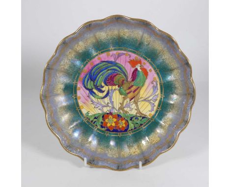 An Art Deco Mintons lustre pottery dish, decorated with a cockerel, dia.22cm