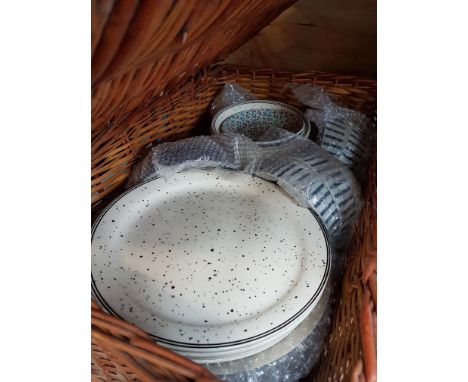 WICKER HAMPER OF CROCKERY
