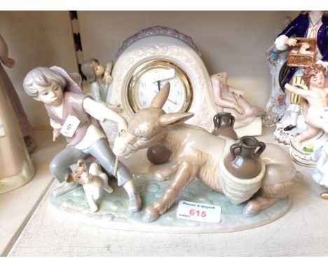 LLADRO FIGURE OF BOY WITH DONKEY, L25CM  AND LLADRO CLOCK - DAMAGED   E4