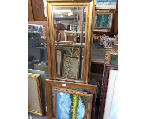 TALL MIRROR, THREE PRINTS AND EMBROIDERED PICTURE      R