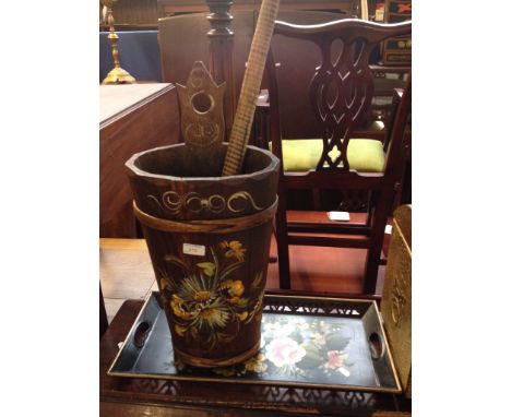 AN AXE, FLORAL PAINTED STICK STAND AND TRAY. L58CM