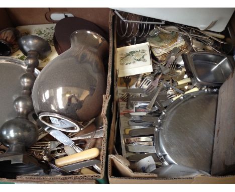 TWO BOXES CUTLERY, TRAYS, VASE, CANDLESTICK ETC.    F1