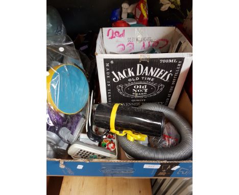 BOX OF MISC. VACUUM CLEANER SPARES, BOX OF LIGHT BULBS AND A BOX OF CLEANING ITEMS