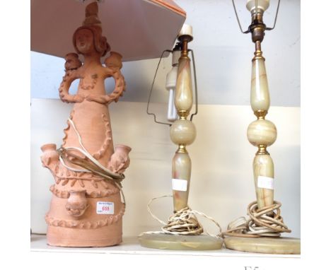 EARTHENWARE FIGURE LAMP AND TWO SIMULATED ONYX LAMPS    F5