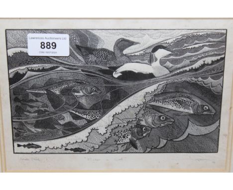 Colin Paynton, artist proof print titled ' Eider and Cod ', signed and dated 1988, gilt framed, 13 x 20cm 