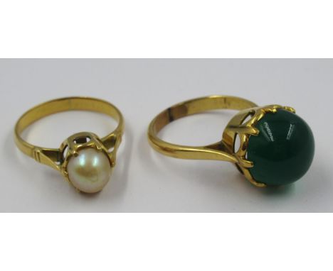 Yellow metal jade set ring, size L, together with another set with a single pearl, size L, total weight 8.7g 