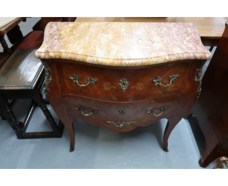Small French kingwood marquetry and ormolu mounted commode with marble top above two drawers on cabriole supports, 87cm wide 