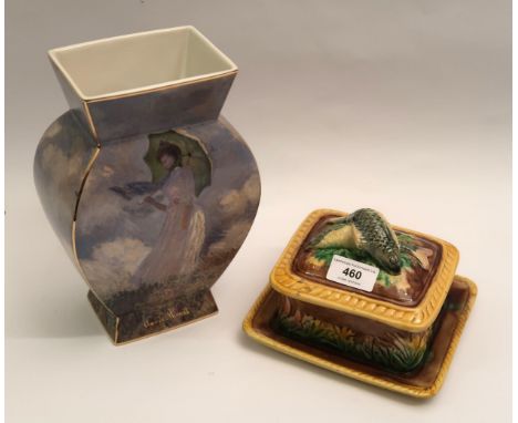 Continental Majolica pottery sardine dish, together with a Goebel Limited Edition porcelain vase 