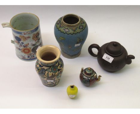 Chinese Yxing teapot, miniature Chinese yellow flambe vase (at fault), Kangxi tankard and wine pot (at fault), Japanese vase 
