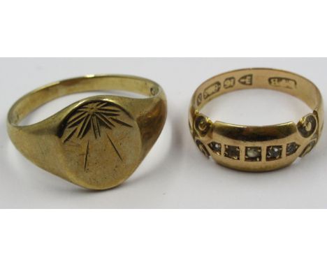 9ct Gold signet ring, size L, 4g,  together with a 15ct gold ring set with five diamond chips, size L, 2.5g 