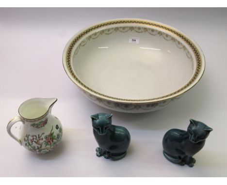 Pair of Poole pottery figures of cats, Coalport jug with floral decoration and a large wash basin 