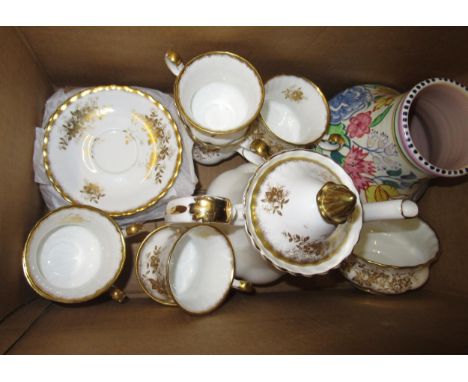 Royal Albert Antoinette pattern teaset, together with a Poole pottery vaseConsists of 19 pieces. Could do with a good clean, 