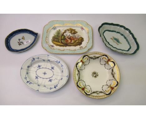 19th Century English rectangular plate painted with stags, Royal Copenhagen blue and white dish, Worcester lozenge shaped dis