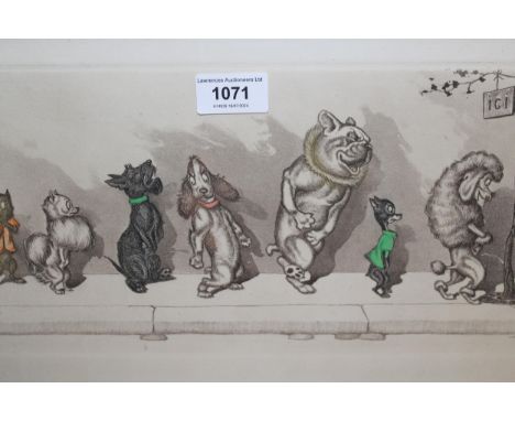 French engraving caricature of dogs, signed in pencil, 17 x 45cm, framed coloured print of Portsmouth harbour, coloured print