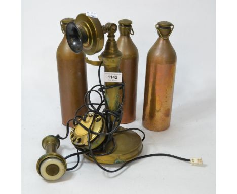 Three brass mounted copper water bottles and a brass stick telephone (minus mouth piece) 