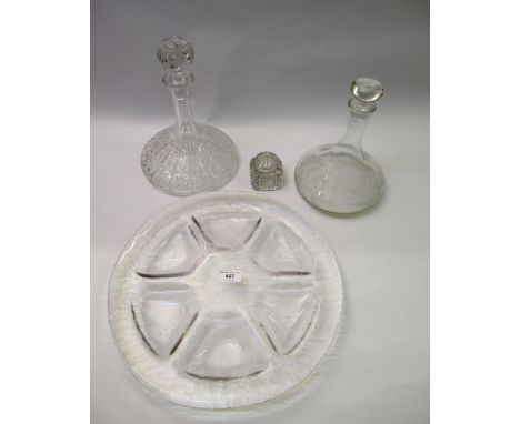 Two ships decanters, a clear glass inkwell with cover and a modern clear art glass hors d'oeuvre dish, 39cm diameter 