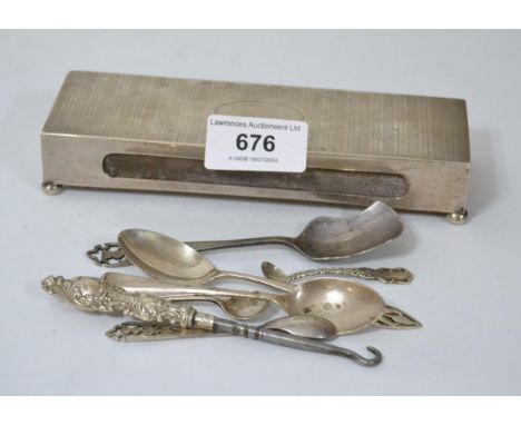 Silver long matchbox case with engraved decoration, together with a small quantity of various coffee and mustard spoons and a