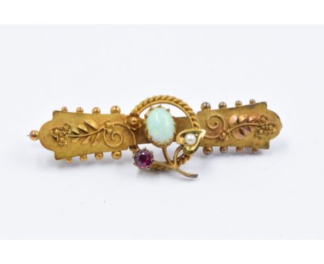 Victorian 15ct gold opal, ruby and seed pearl set bar brooch, 3.8gSlightly misshapen. Pin is also bent as shown in photos. 