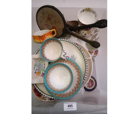 Box containing a small quantity of various porcelain including Poole Pottery and a three piece dressing table set 