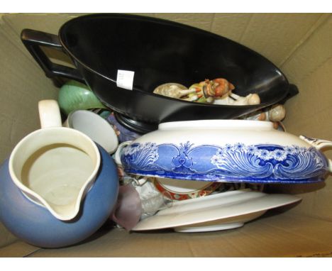 Box containing a quantity of various decorative porcelain including a Royal Crown Derby Cloisonne pattern part dinner service