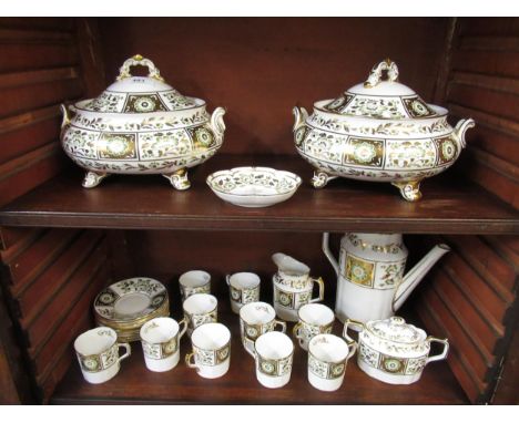Royal Crown Derby ' Green Derby Panel ' pattern set of ten coffee cans with saucers, with coffee pot, cream jug and sugar bas