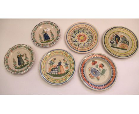 Group of six various Quimper pottery platesOne with flowers has crack and crazing to glaze, other are later in date but all i