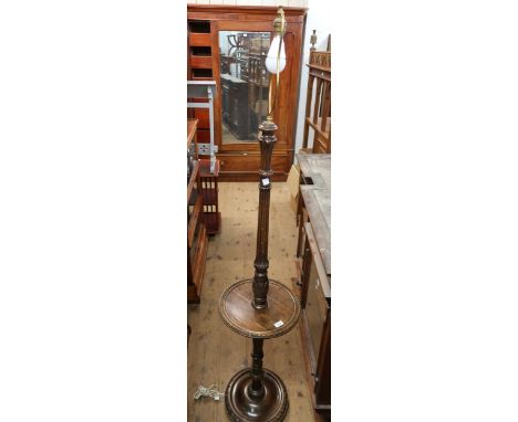 Carved mahogany lamp standard / occasional table with shade 