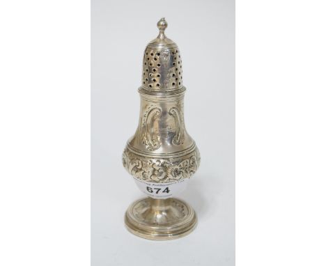 George III London silver baluster form sander / pepper with embossed decoration 